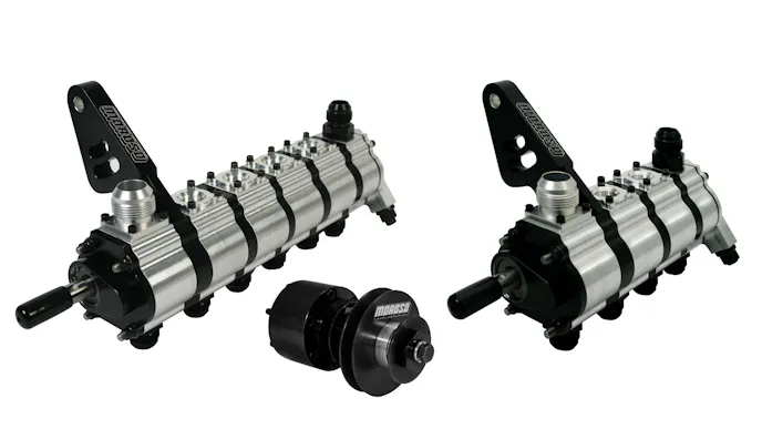 Moroso six stage versus four stage dry sump oil pump, and drive mandrel with pulley.